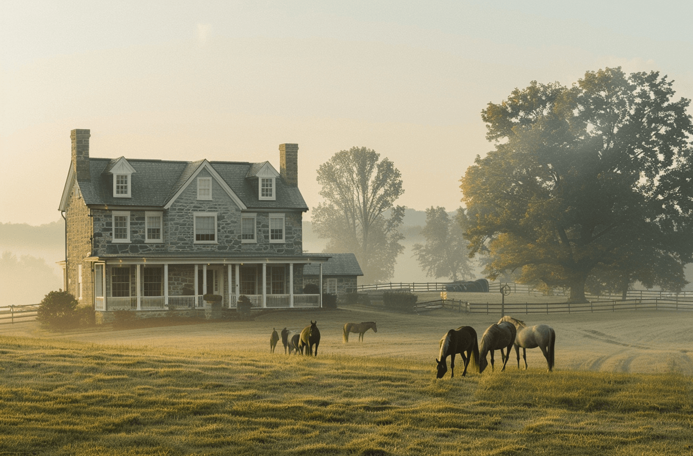 AI generated: a beautiful country house in front of a field and horses, in the style of soft mist, organic stone c...
