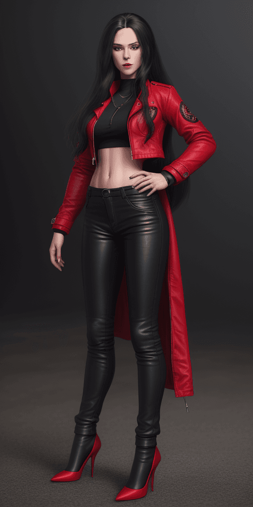 AI generated: Amy Johnston, (red jacket:1. 4), (black pants:1. 5), (long hair:1. 4), black shoes, leather outfit, ...