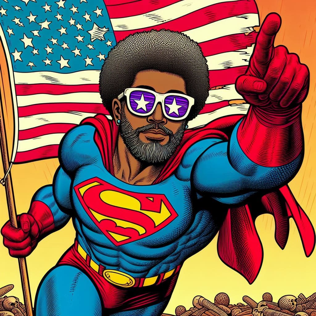 AI generated: a woke superhero never seen before, style of Robert Crumb
