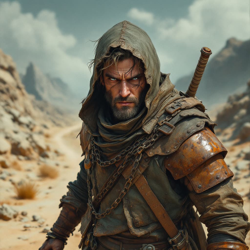 AI generated: Ultra-photorealistic oil painting in 8K HD quality depicts a 35-year-old man in a post-apocalyptic w...