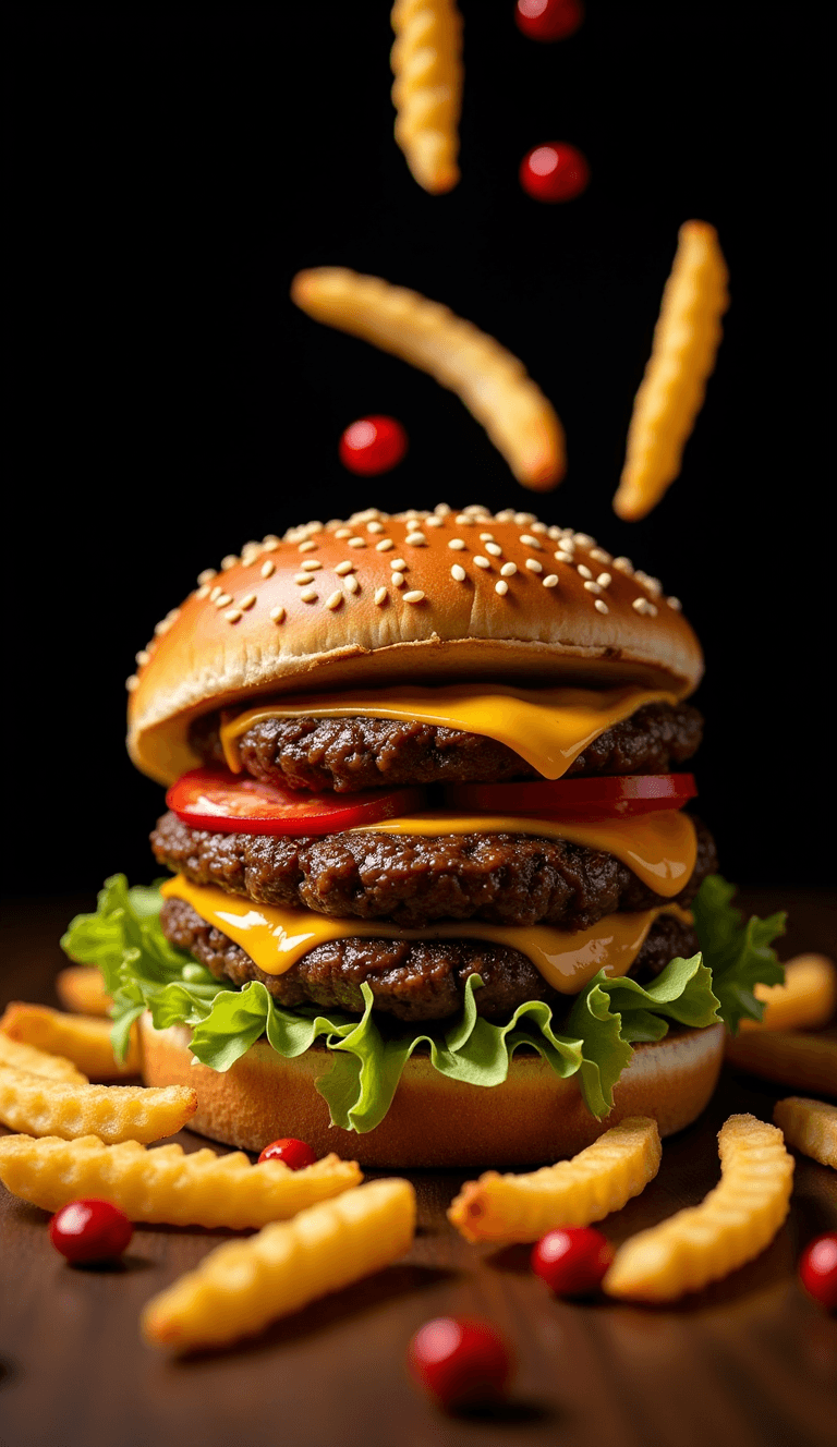 AI generated: A close-up of a gourmet burger with a juicy beef patty, melted cheese, lettuce, tomato, and a sesame...