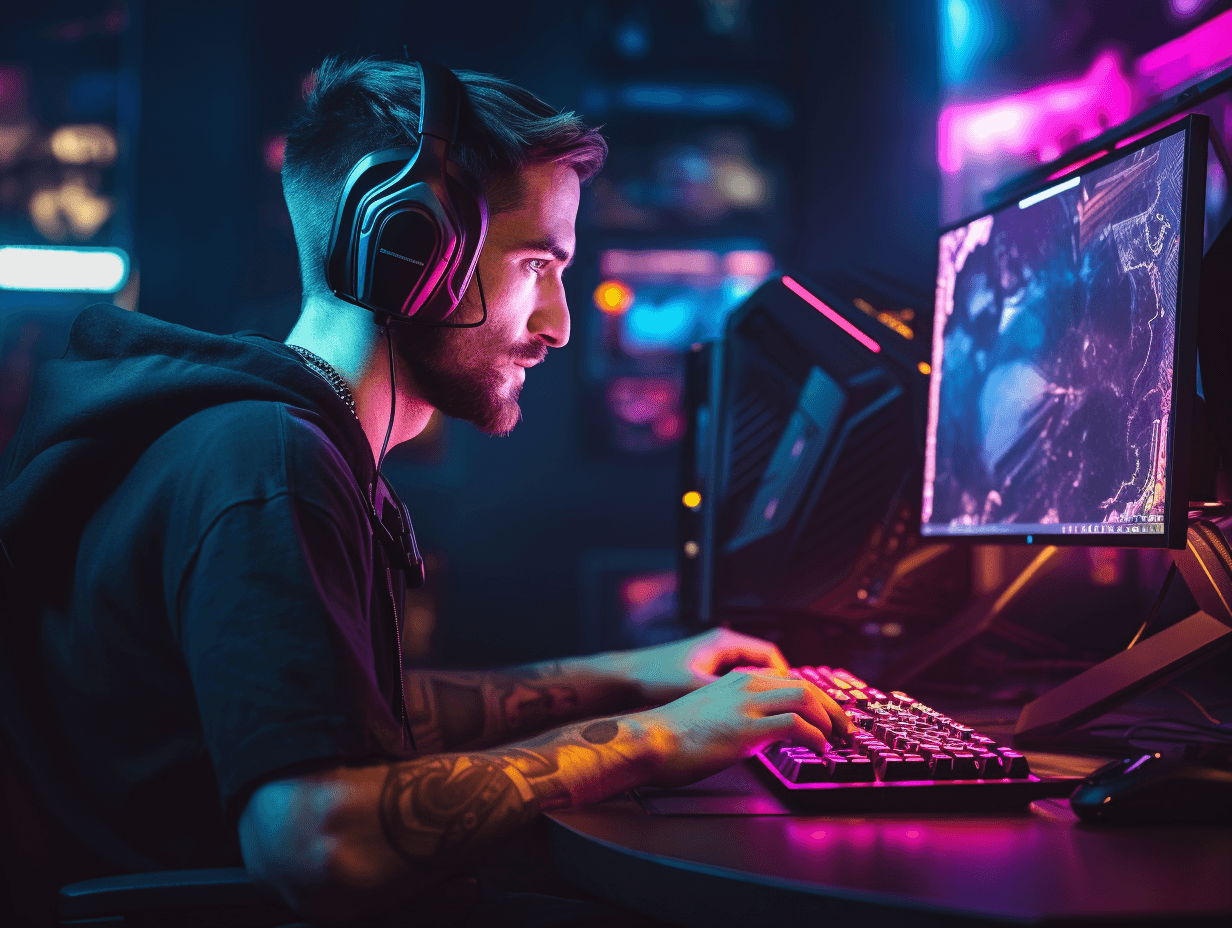 AI generated: a pc gamer having fun playing games on their gaming pc, side view, rgb lights on keyboard, mouse, an...