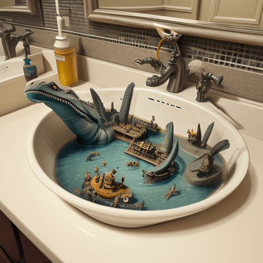 AI generated: Large harbor city wit lots of activity in the bathroom sink. Dinosaurs used for labour. Pirate theme...