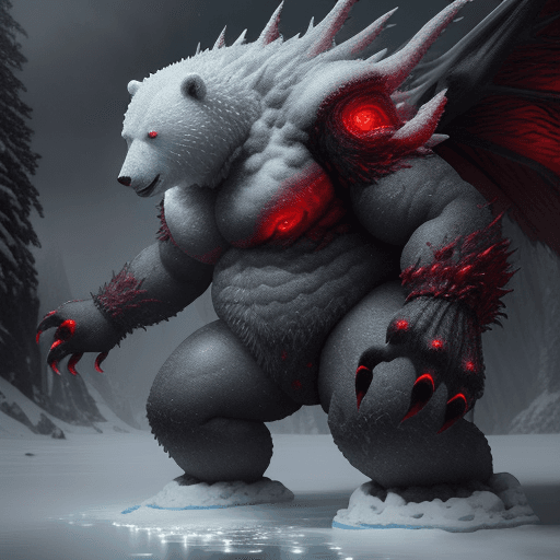 AI generated: a huge snow bear with glowing red eyes, is standing on the ice, in the style of epic fantasy scenes,...
