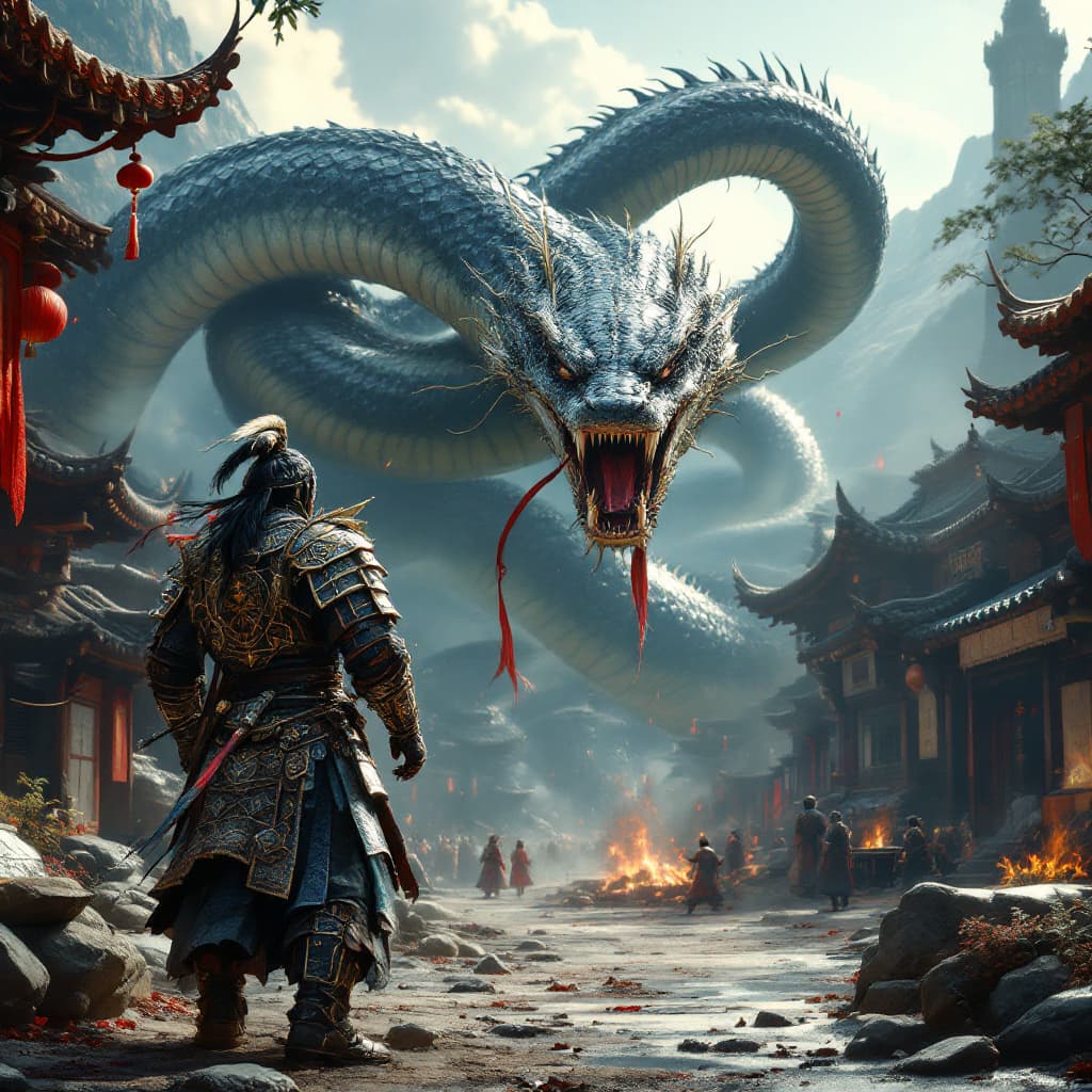 AI generated: Ming dynasty Warrior in Battle armor poised to do battle against a giant snake in the center of a vi...
