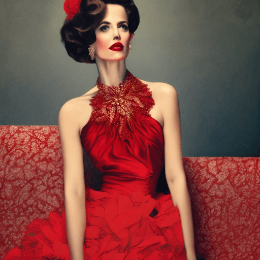 AI generated: a woman in a red dress posing for a picture, a colorized photo, inspired by Richard Avedon, tumblr, ...