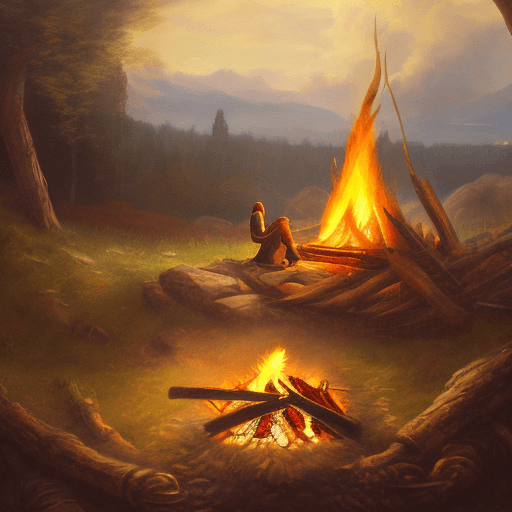 AI generated: Man in plate armor resting in a bonfire, realistic painting, elden ring, dreamy light, fantasy lands...