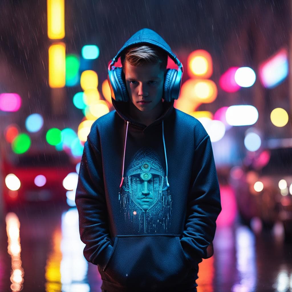 AI generated: masterpiece, boy alone, solo, incredibly absurd, hoodie, headphones, street, outdoor, rain, neon, in...