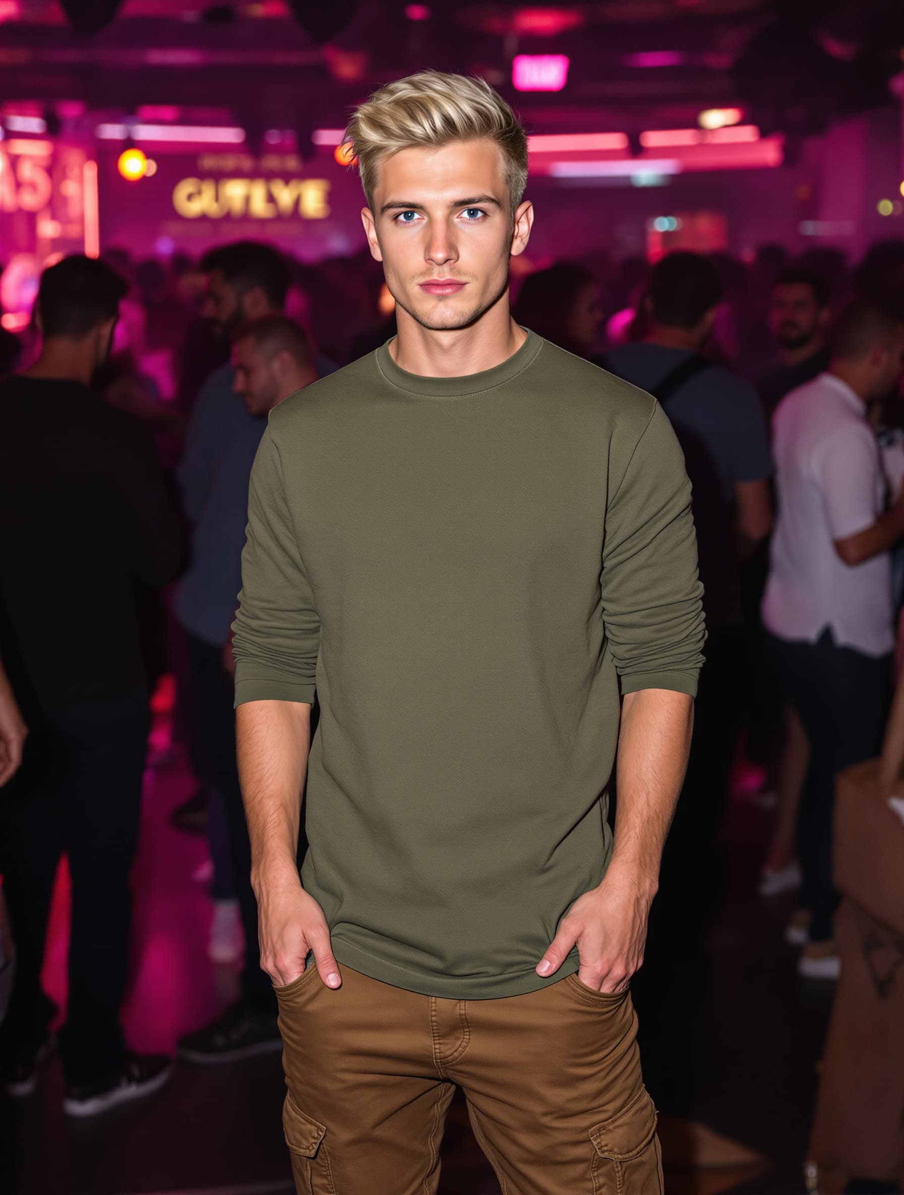AI generated: Full length shot of a handsome blond Russian man, short burst-taper hairstyle, clean face. Blue eyes...