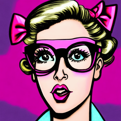 AI generated: (masterpiece, digital illustration, best quality), 1980s style, cute woman with pink glasses and a p...
