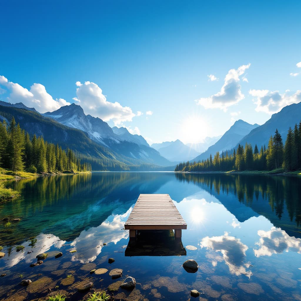 AI generated: A clear, reflective mountain lake surrounded by lush pine forests and towering peaks. The surface of...