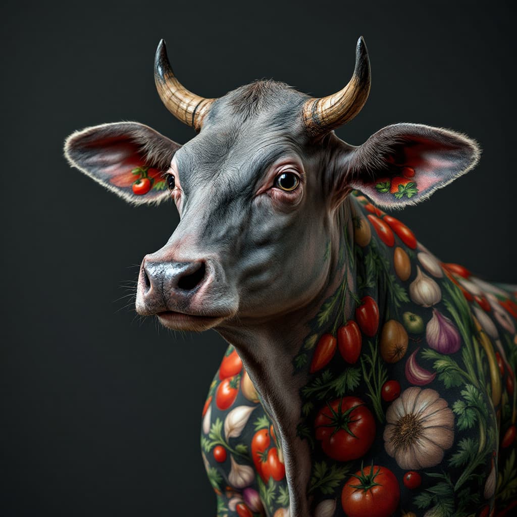 AI generated: photo close up, studio portrait, hairless big fat grey cow thin lines tattooed with tomatos, onions,...
