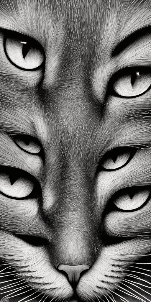 AI generated: a pine tree made of black cats and luminous eyes, beautiful shadowing, 3 d shadowing, reflective sur...