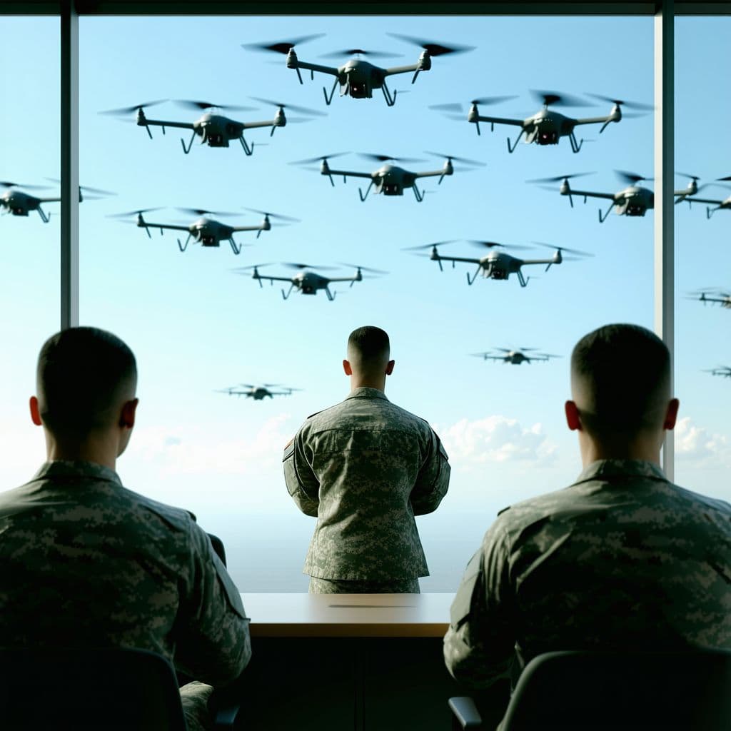 AI generated: The camera zooms in from behind the army general towards the window, showing a sky filled with milit...