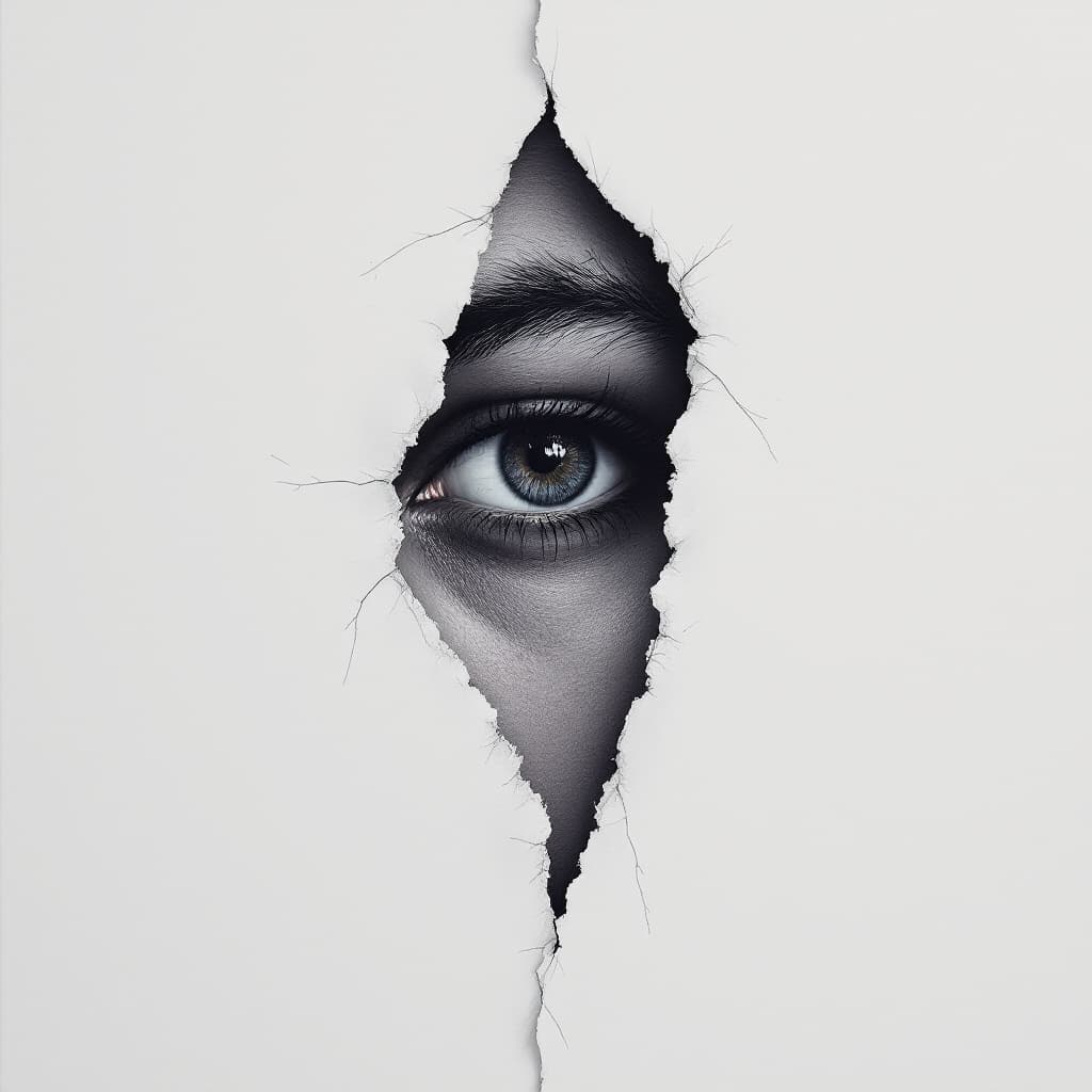 AI generated: A hyperrealistic oil painting, white background of an eye peeking through ripped paper with the shap...