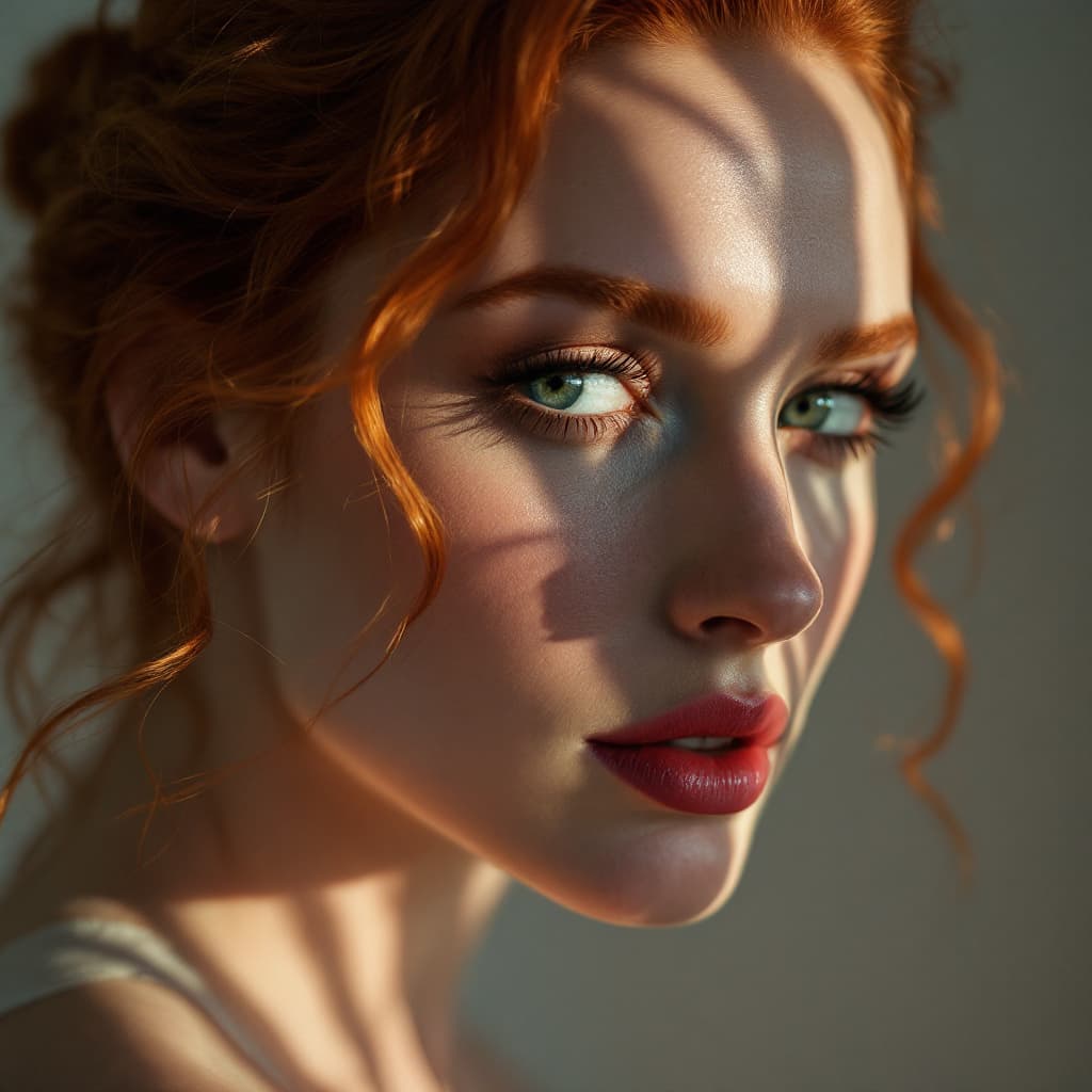 AI generated: Fotografía de alta resolución, mujer ginger Jessica Chastain uso sorprendente de sombras, en el esti...