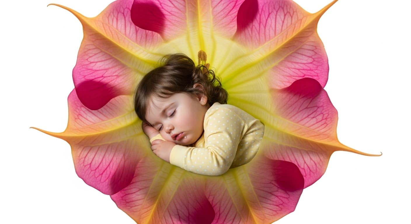 AI generated: In the calyx of an exotic flower a very cute toddler girl lies and sleeps, white background