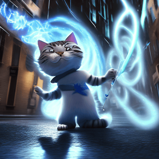 AI generated: an anthropomorphic cat wearing white linen is depicted in an action pose, swirling water with an arr...