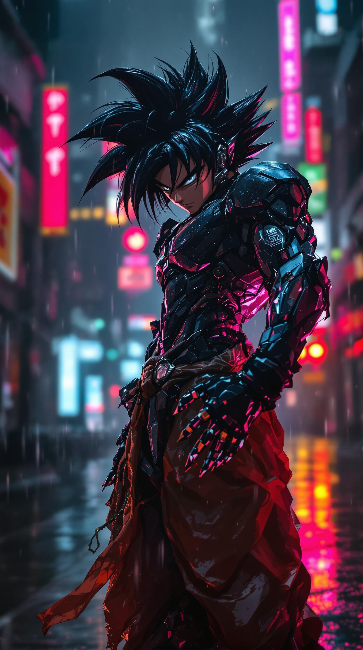 AI generated: Cyborg version of anime Goku  side posing in a dystopian city in the rain, hi tech armor, gloomy atm...