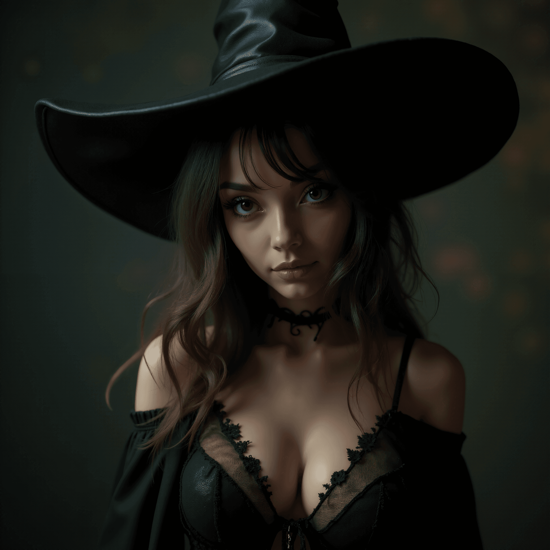 AI generated: beautiful Gothic witch, lingerie, extremely detailed skin texture, beautiful eyes, smiling, maximum ...