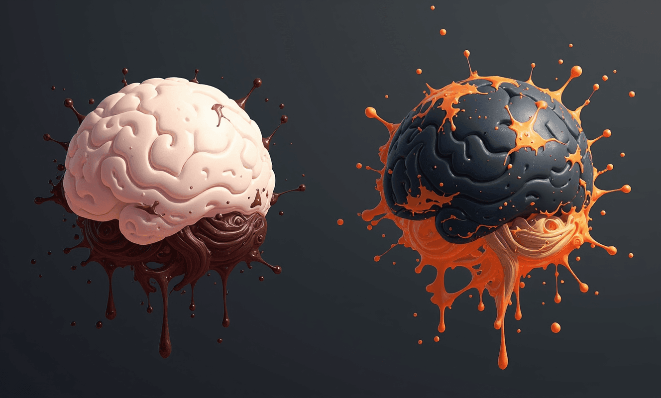AI generated: A creative and thought-provoking visual of two brains, one white with dark brown liquid flowing arou...