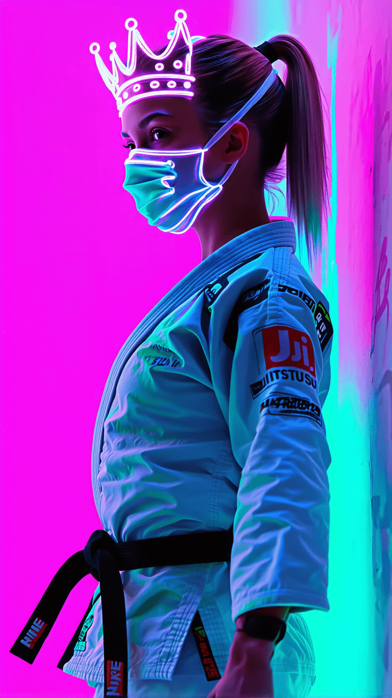 AI generated: A female jiu-jitsu athlete captured in a dynamic back pose, surrounded by graffiti-style motion trai...