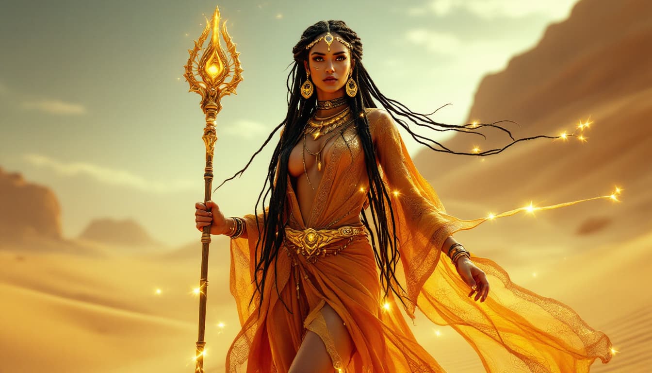 AI generated: An ultra-realistic, full-body view of a mesmerizing desert prophetess woman, radiating ancient wisdo...