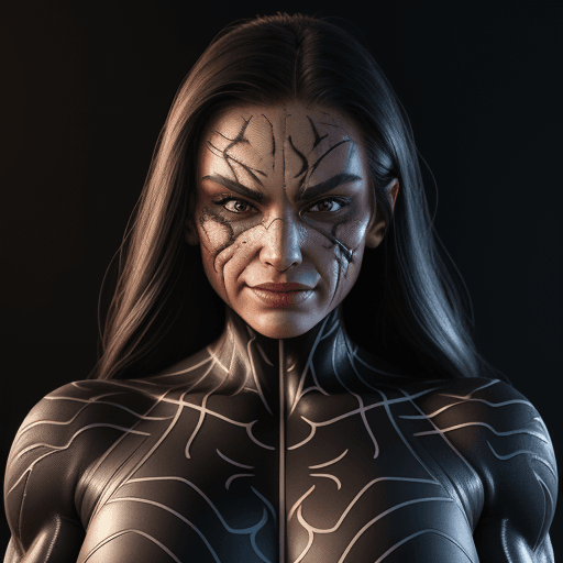 AI generated: 1 bodybuilder woman wearing symbiote with a wide jaw, young beautiful face, soft face, full body vis...