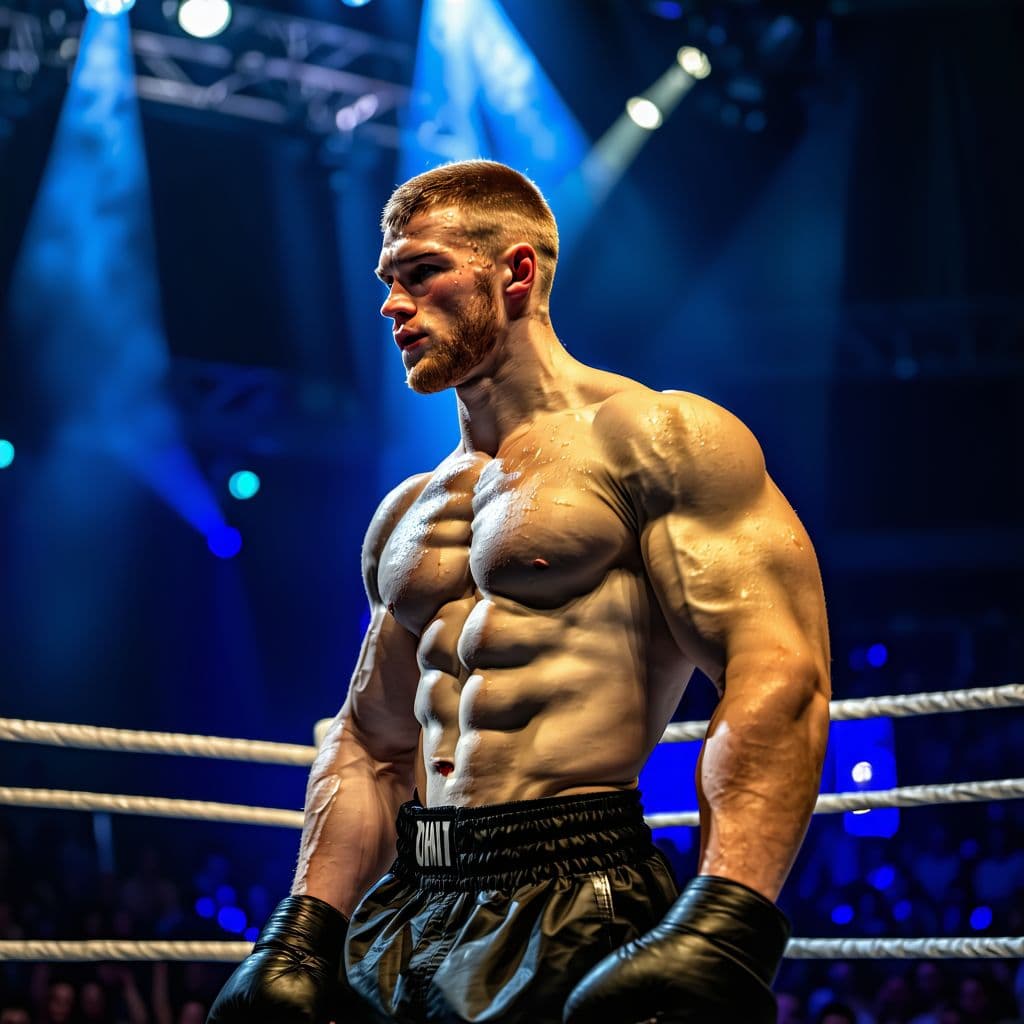 AI generated: photograph,a muscular boxer in the ring flexes his chiseled biceps, sweat glistening under intense s...