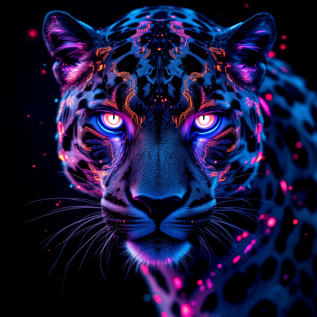 AI generated: Advanced leopard with intricate, glowing biotech patterns integrated into its fur, enhanced bio-lumi...