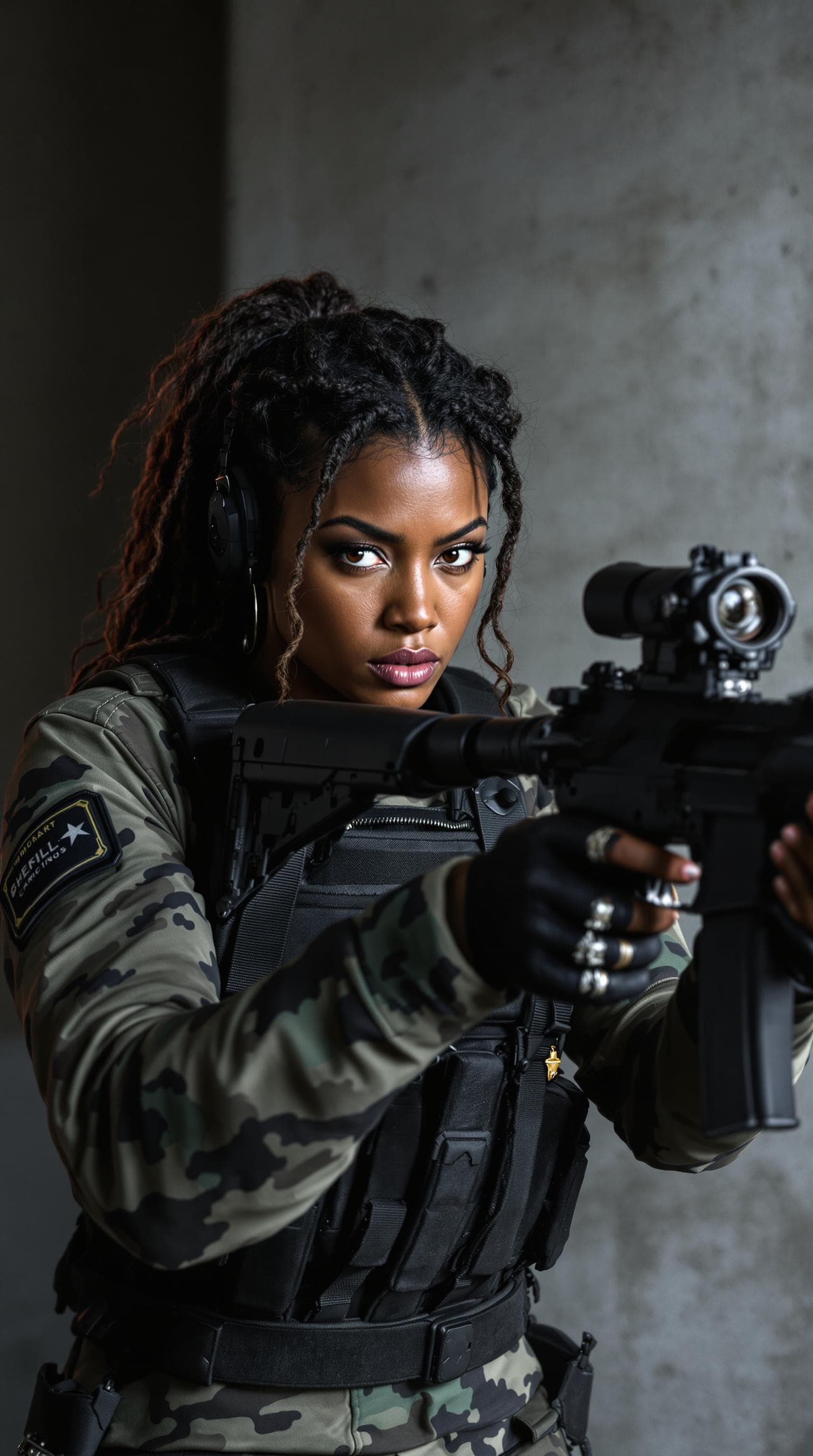 AI generated: Woman (ethnicity:Black, age:30-40), (detailed clothing:1.2), (tactical gear:1.2), (accessories:ring)...