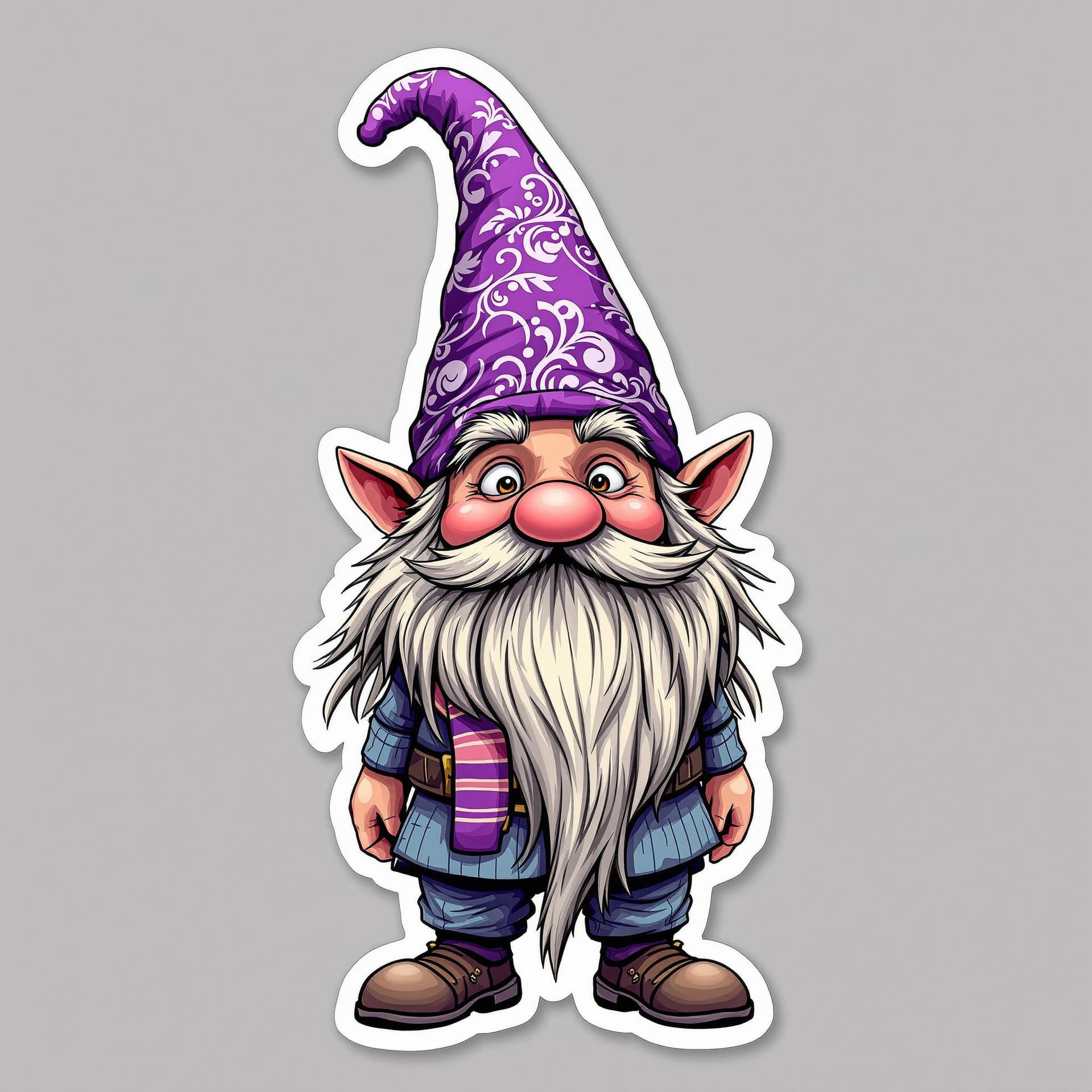 AI generated: A highly detailed full-body cartoon sticker of a whimsical gnome character. The gnome is wearing a v...