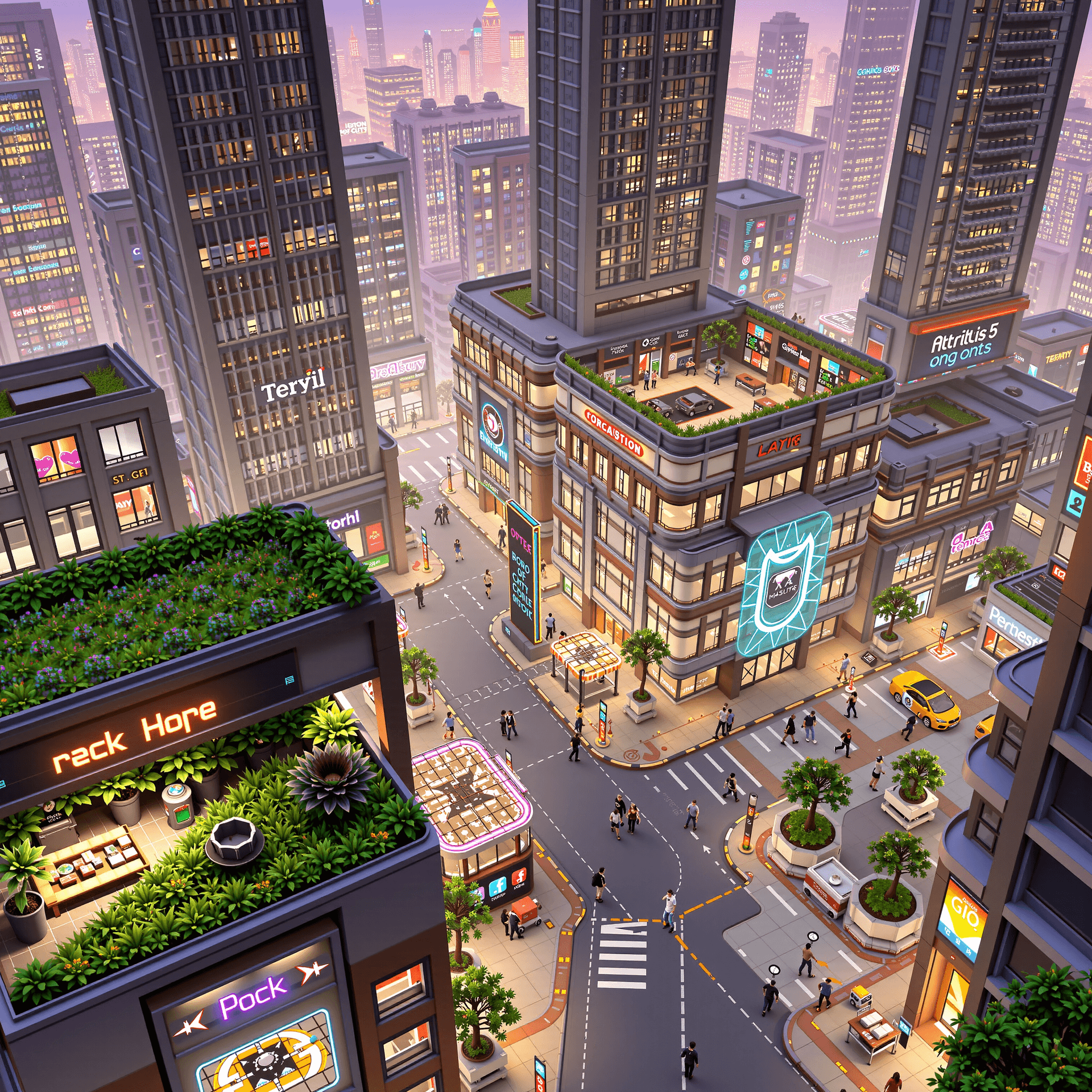 AI generated: A futuristic eco-city square at dusk, filled with hope and quiet progress, lush rooftop gardens and ...