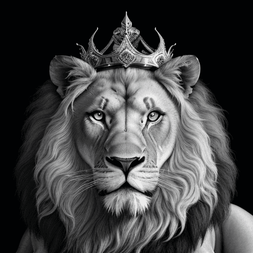 AI generated: stunning portrait of a stronger lion, penetrait eyes, elegant, black and white colors, minimalism, d...