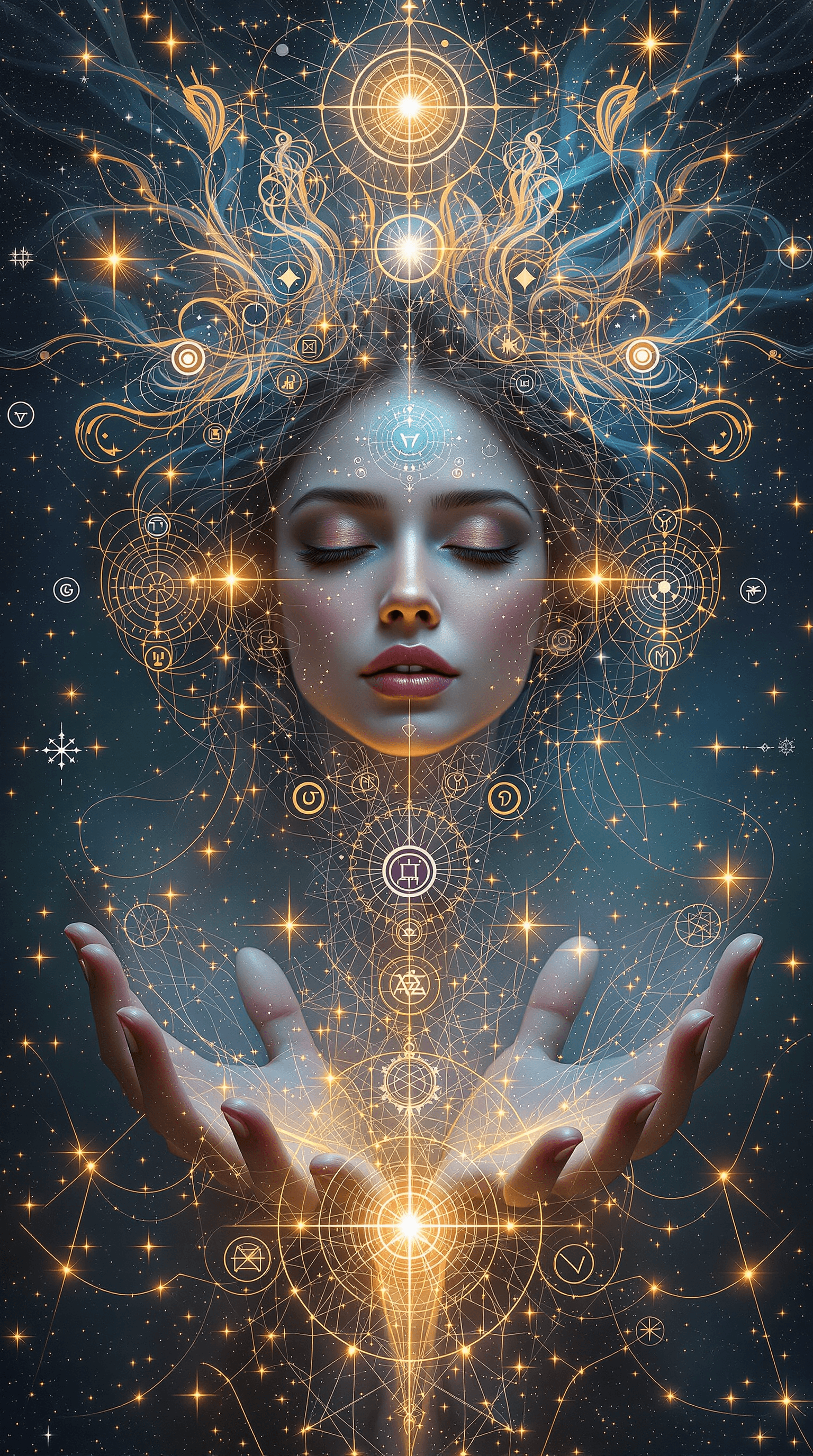AI generated: a surreal and deeply evocative digital portrait featuring a serene and thoughtful woman whose form a...