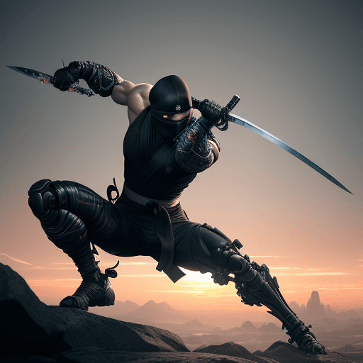 AI generated: Photo of a ultra realistic cyborg ninja wielding a ninja sword, dramatic light, pale sunrise, cinema...