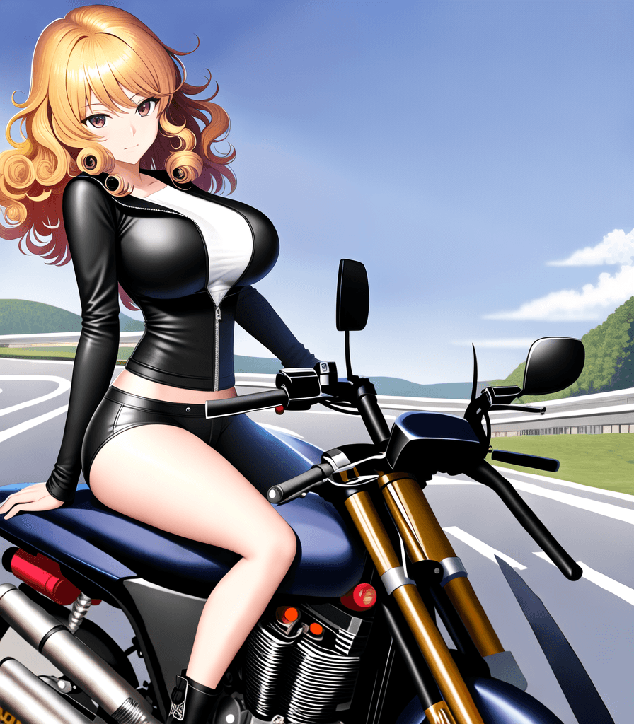 AI generated: (perfect anime illustration), 1girl, curly hair, medium hair, huge breasts, motorcycle, driving, sit...