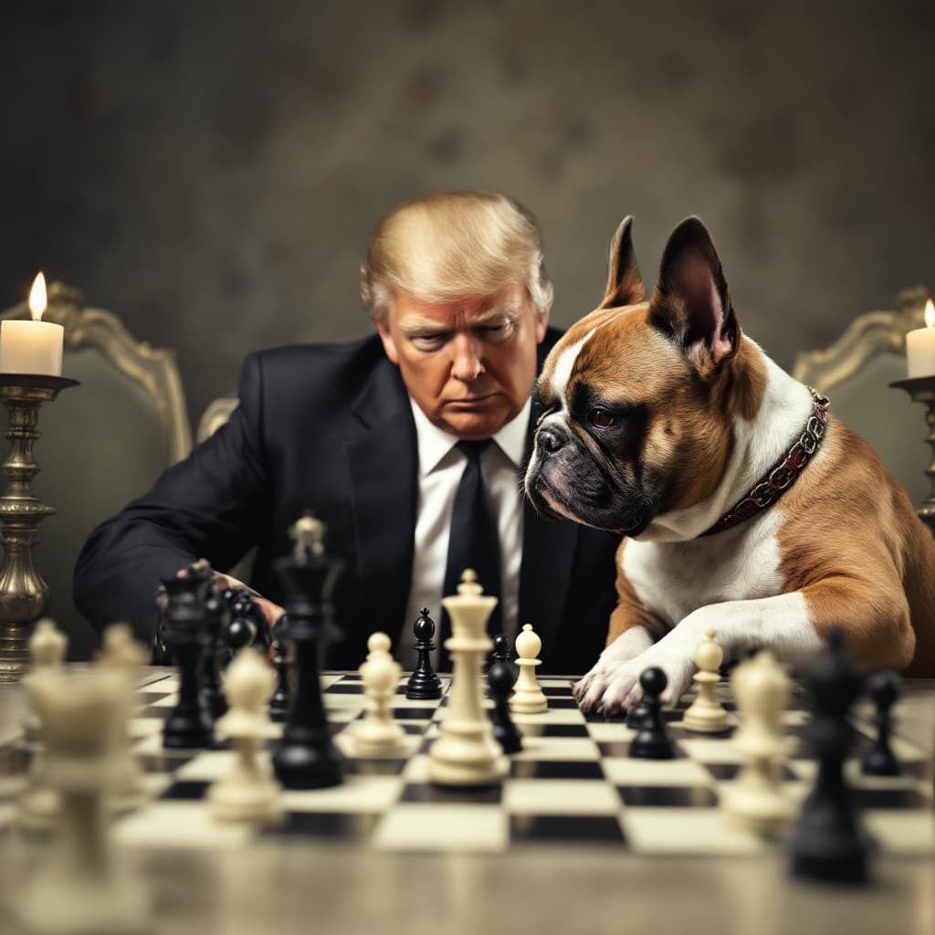 AI generated: A french bulldog playing chess with Donald trump 