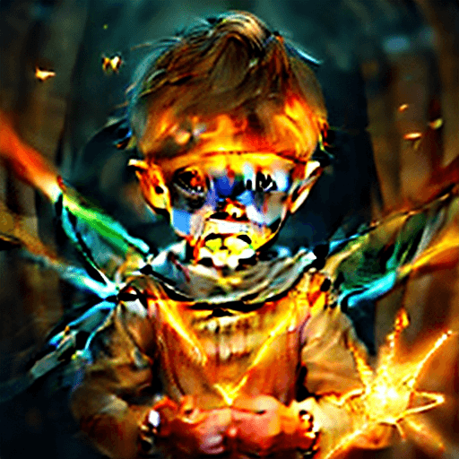 AI generated: little fair-haired boy, orange light with a face and spectrum of light, fairy tale, adventure, kingd...