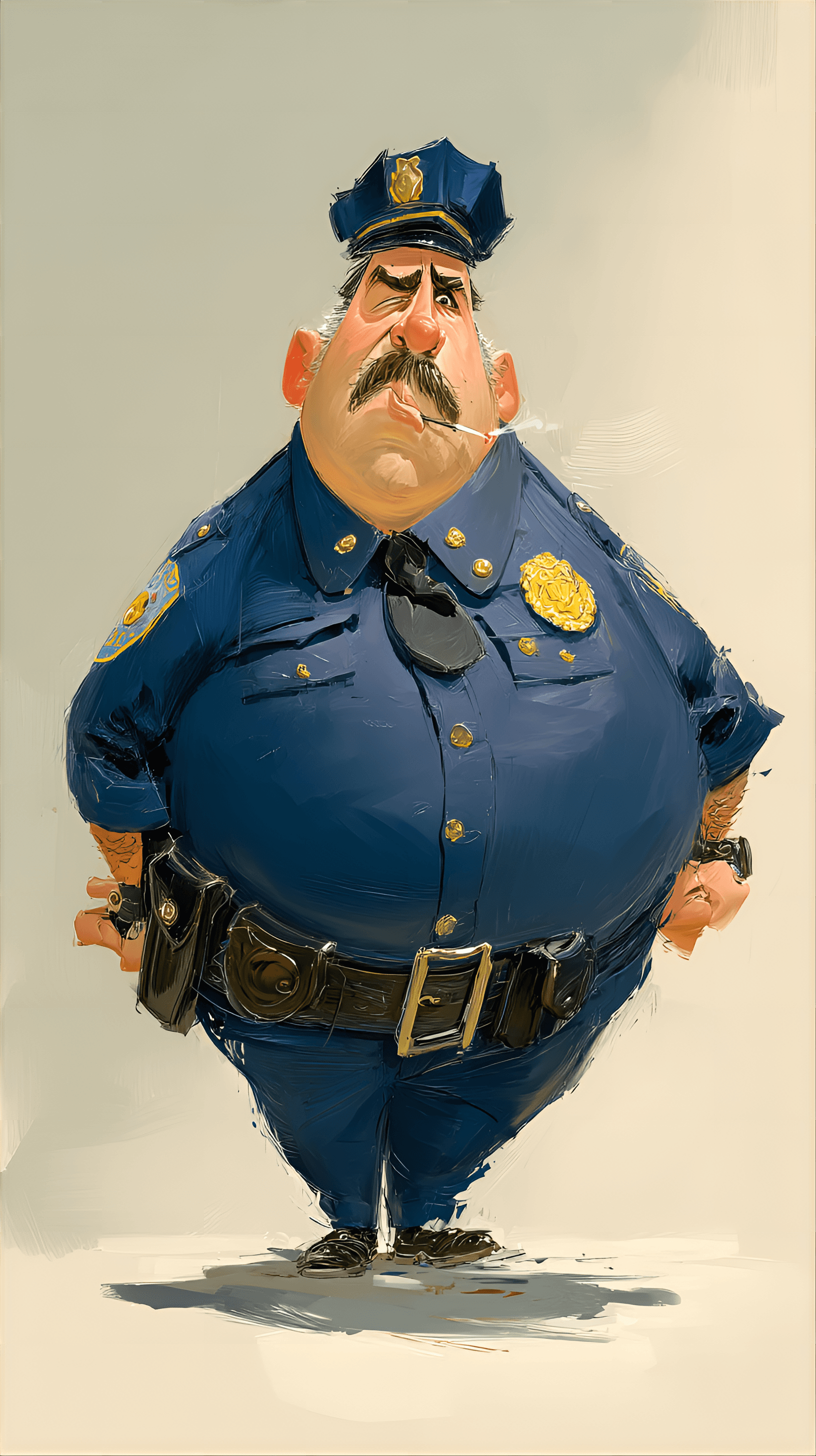 AI generated: funny caricature, rotund police officer, male, 50 years old, stout, stern, authoritative, exaggerate...