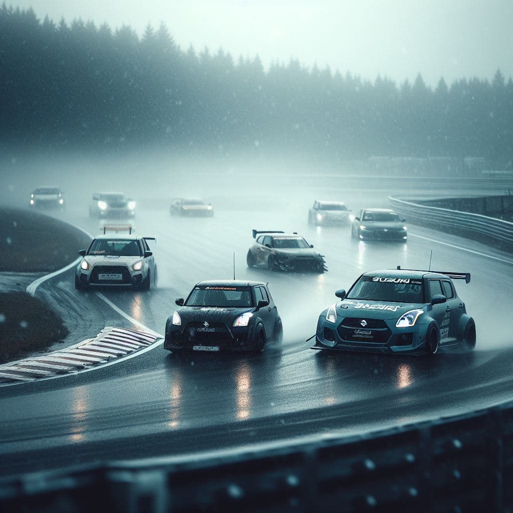 AI generated: Swift and other cars on a race track with horrible weather