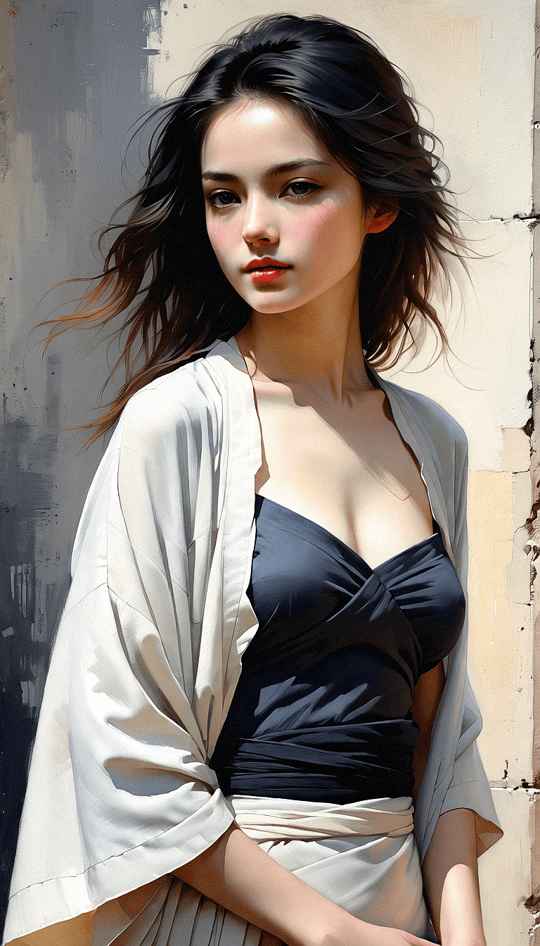 AI generated: A painting of young woman, street setting, minimum color selection, highly detailed, artist: {random...