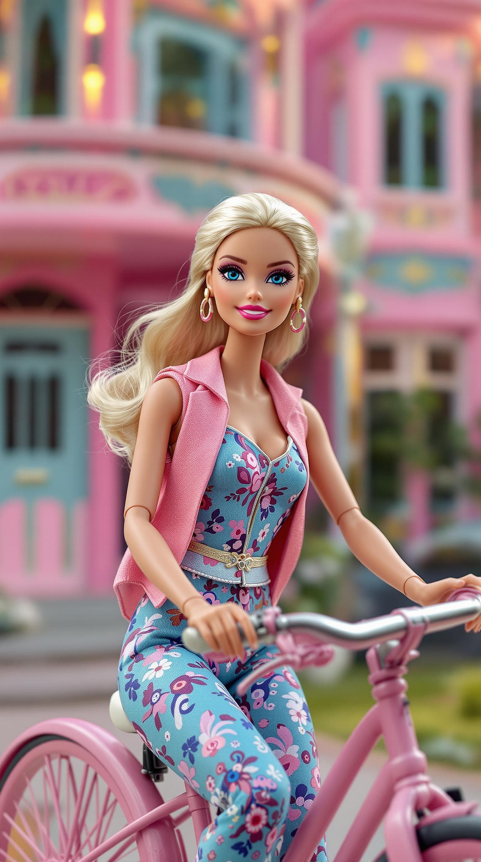 AI generated: photo, 18 year old barbie doll wearing art deco clothing sitting on a bicycle in front of her art de...