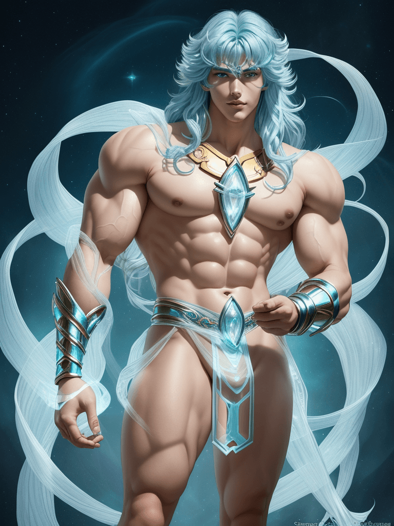 AI generated: Pisces Aphrodite from Saint Seiya, swedish complexion, big muscles and big thighs, light-blue hair, ...