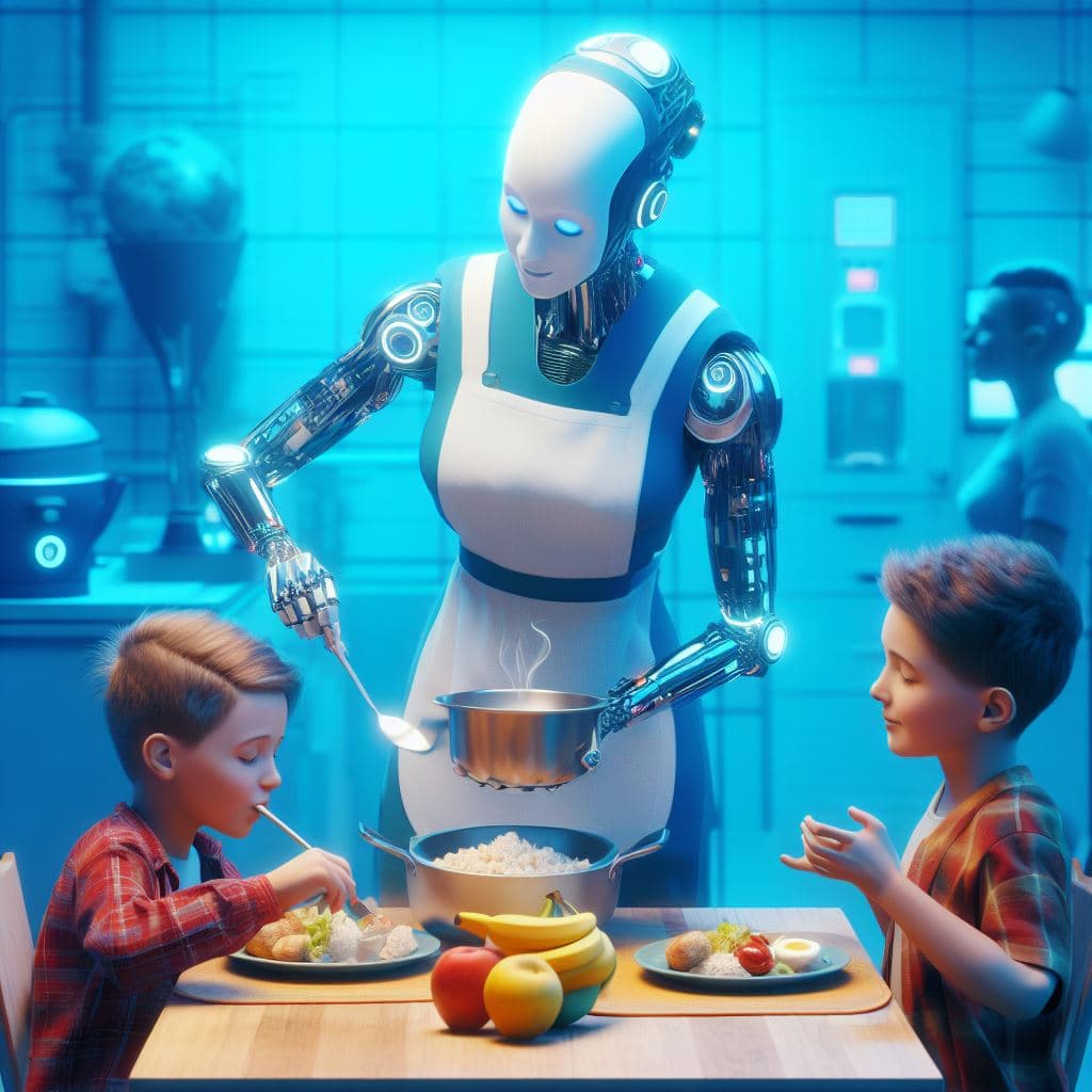 AI generated: An android nanny serving the family, photorealistic 3d digital art