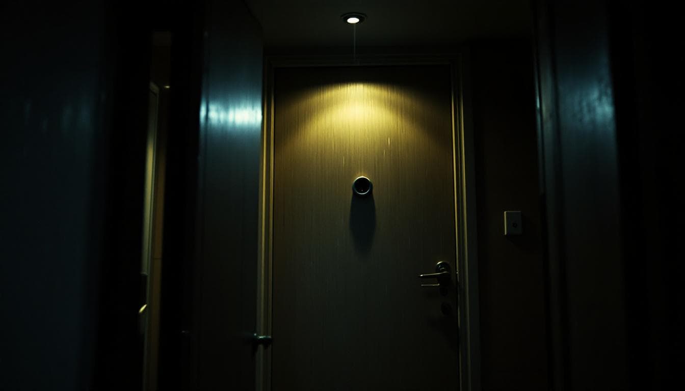 AI generated: Cinematic, realistic interior of a small Berlin apartment at 10 PM, dim lighting, POV looking at a c...