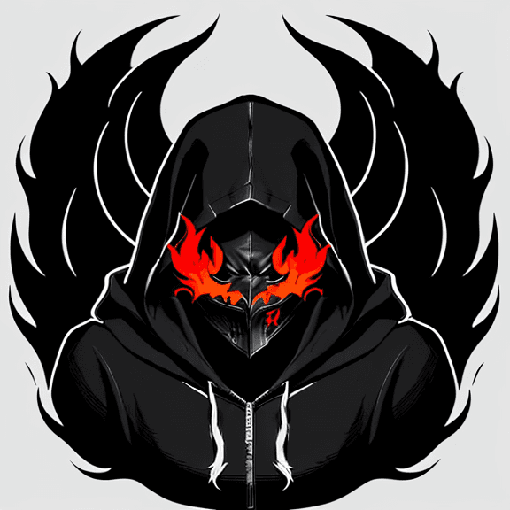 AI generated: The image features a stylized logo of a hooded shadow killer character, dark flames, with a white bo...