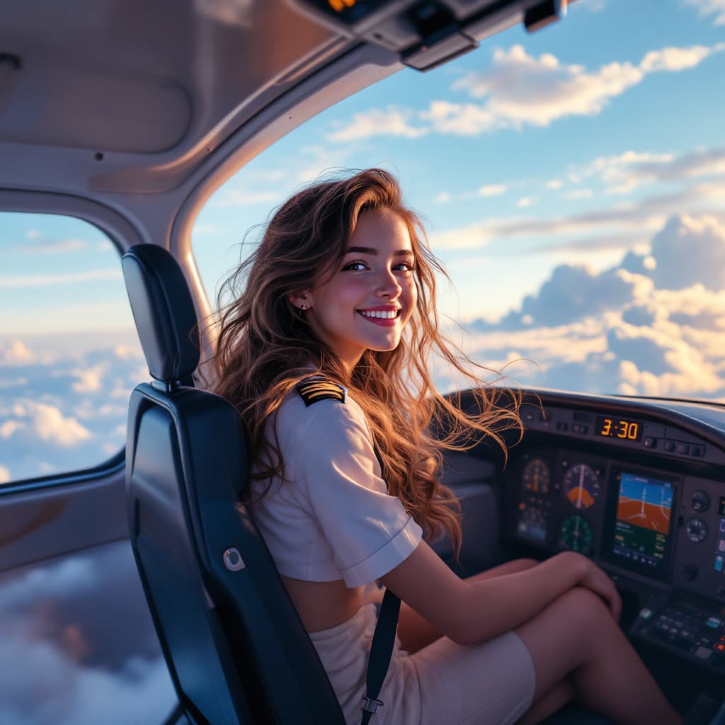 AI generated: girl,  alone, happy, wavy hair, long locks, beautiful brown hair, airplane pilot, plane, front of pl...
