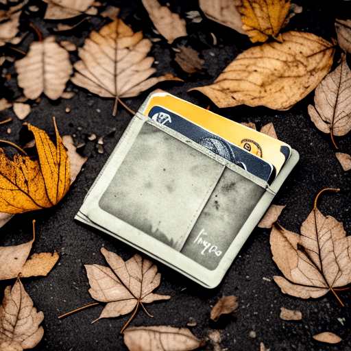AI generated: Dry dusty leaves under an open abandoned wallet lying on the ground Style: goth