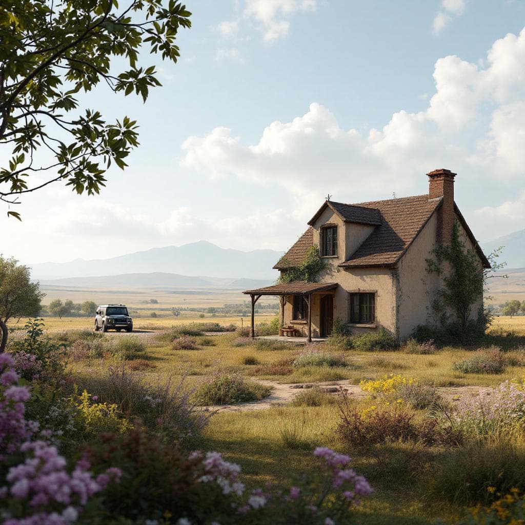 AI generated: realistic render, argentinian house, prairie landscape, lot of vegetations, spring time, old plaster...